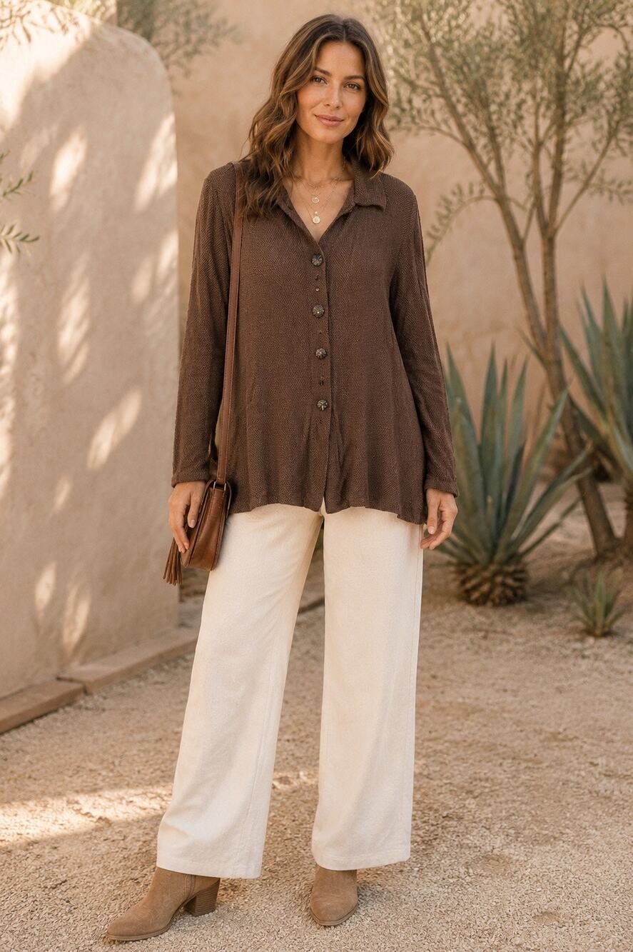 Earth Song Women's XL Brown Textured Swing Shirt Blouse Boho Made USA Vintage
